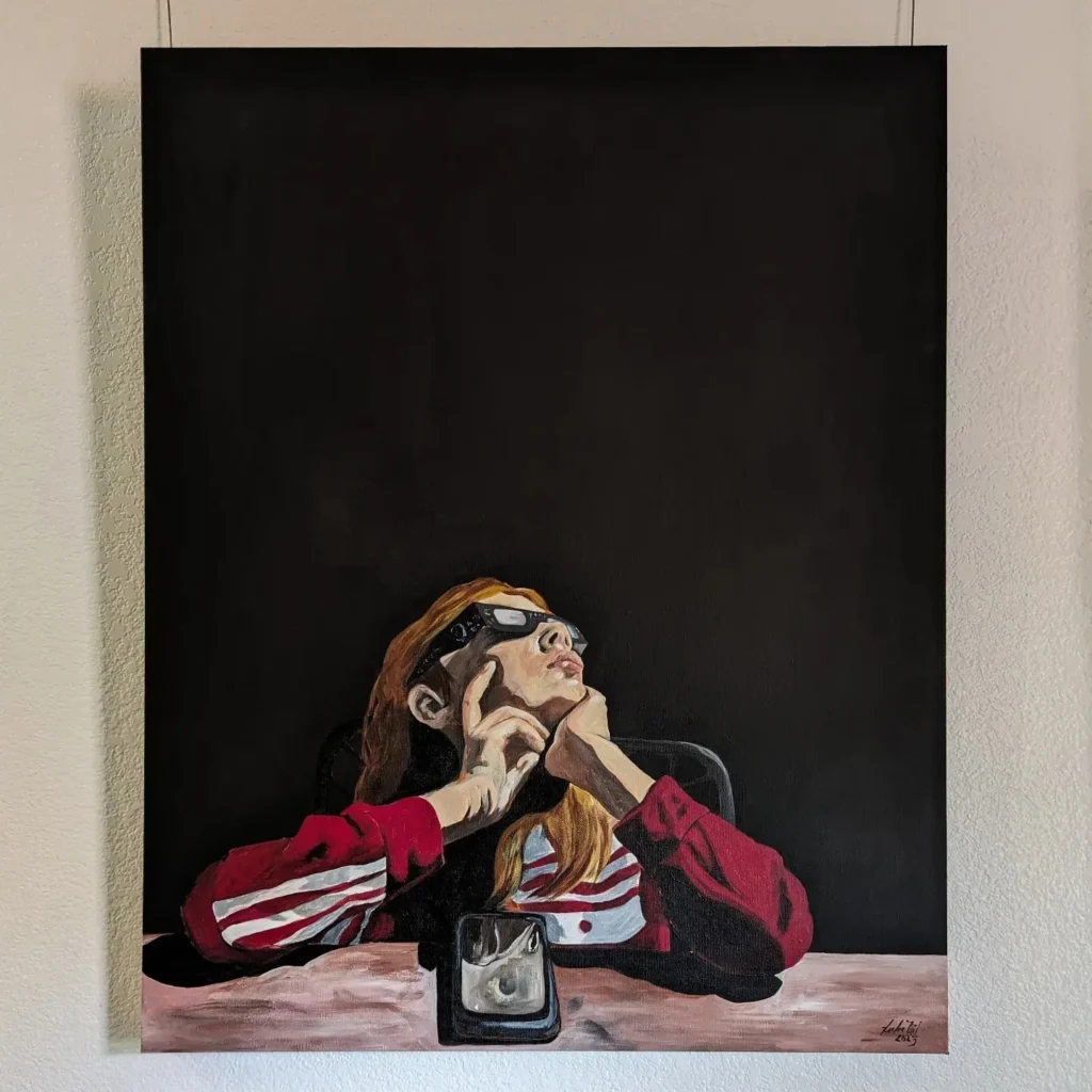 "Eclipse," an acrylic painting on canvas by artist Leslie Deil. It shows a young girl observing an annular eclipse against a black background.  The eclipse is reflected on her phone screen.