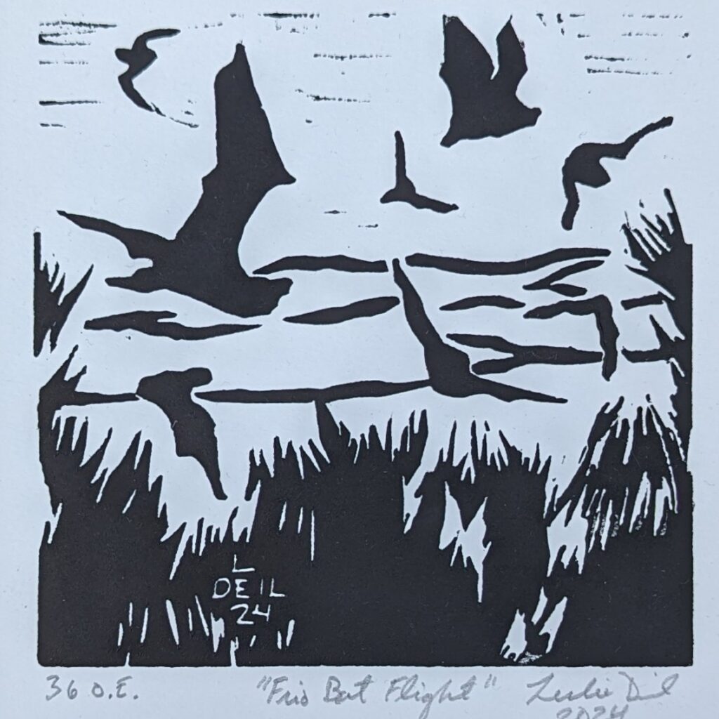 "Frio Bat Flight" - Linocut print by Artist Leslie Deil