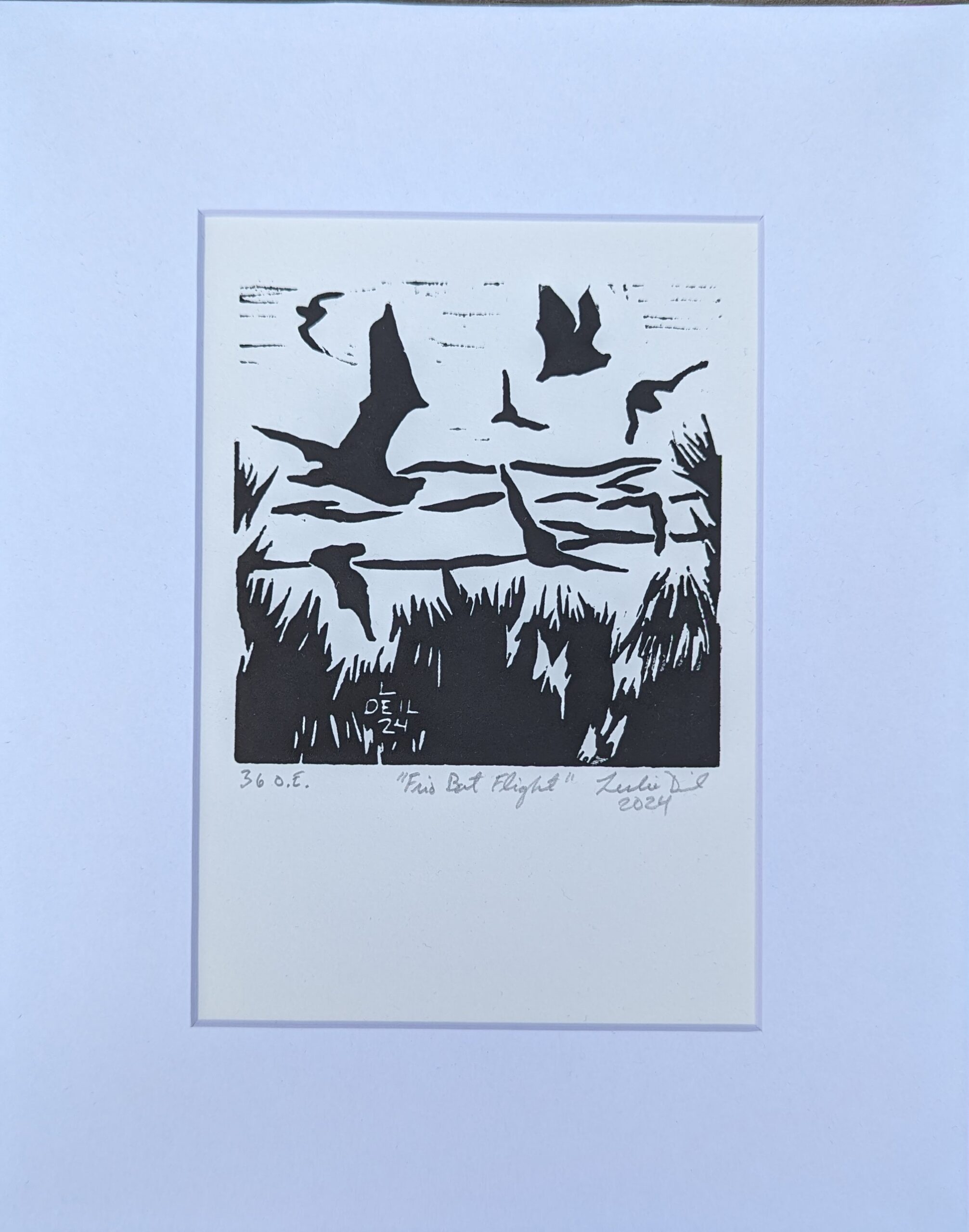 "Frio Bat Flight" - Linocut print by Artist Leslie Deil