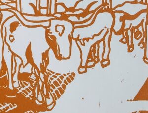Stockyards - Varied Edition Limited Run Linocut Print by Artist Leslie Deil depicting the cattle drive through downtown Fort Worth, Texas in burnt orange ink on white paper with a zoomed in view of longhorn cattle