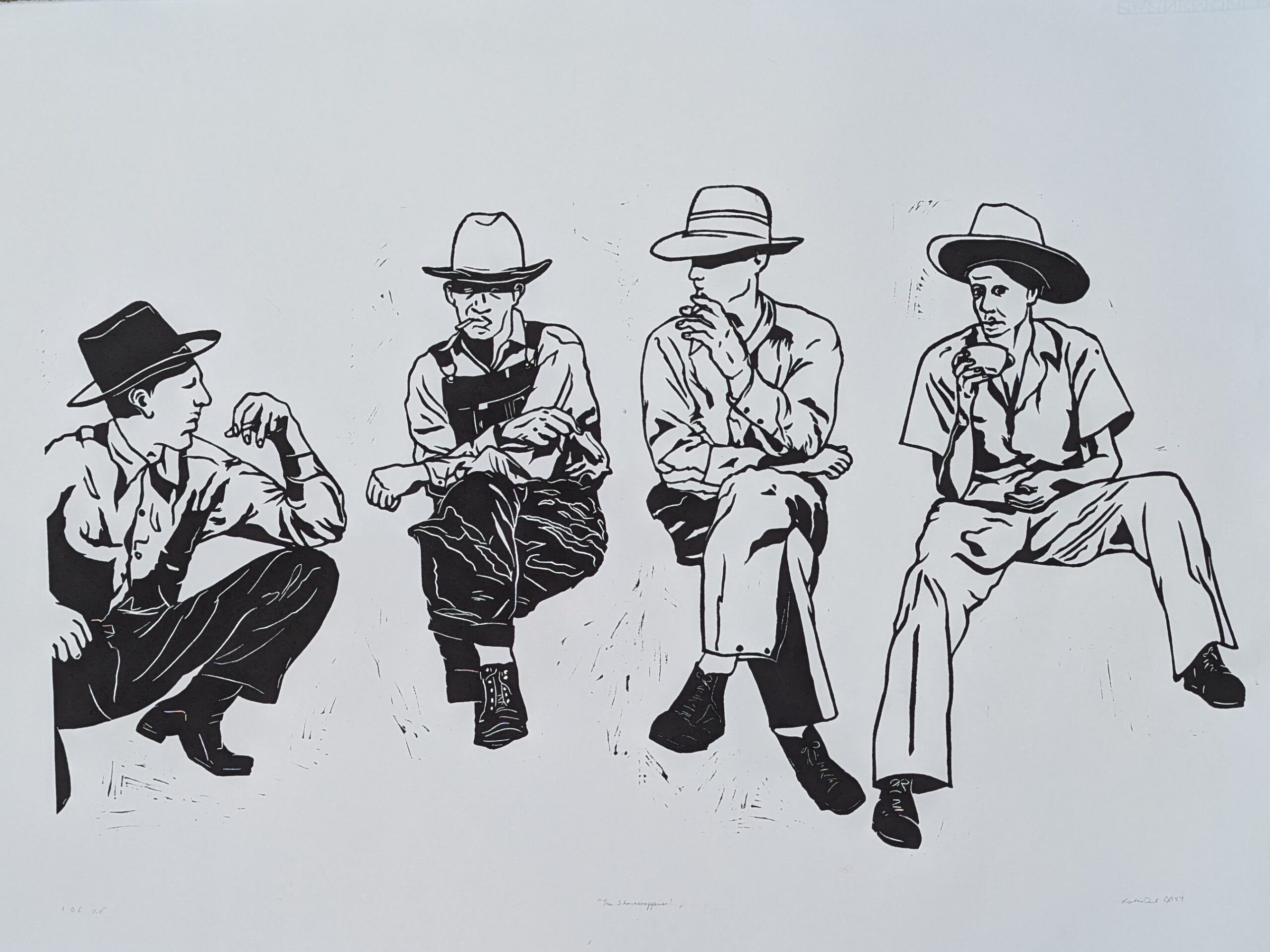 "Sharecroppers" by Artist Leslie Deil shows four ranch hands relaxing after lunch with the background stripped away