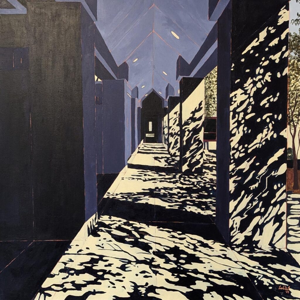 Breezeway - Acrylic Painting by Artist Leslie Deil. This painting interprets an outdoor walkway in San Antonio, TX. The interplay between light and shadow contrast against the geometric structural elements. This photo is the painting cropped to a square.