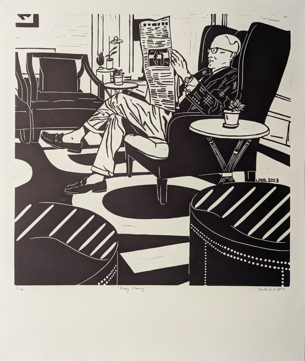 Gray Money - Limited Edition Linocut Print by Artist Leslie Deil showing a well dressed man in a hotel lobby reading a newspaper in the morning. Linocut is printed using black ink on cream colored paper.