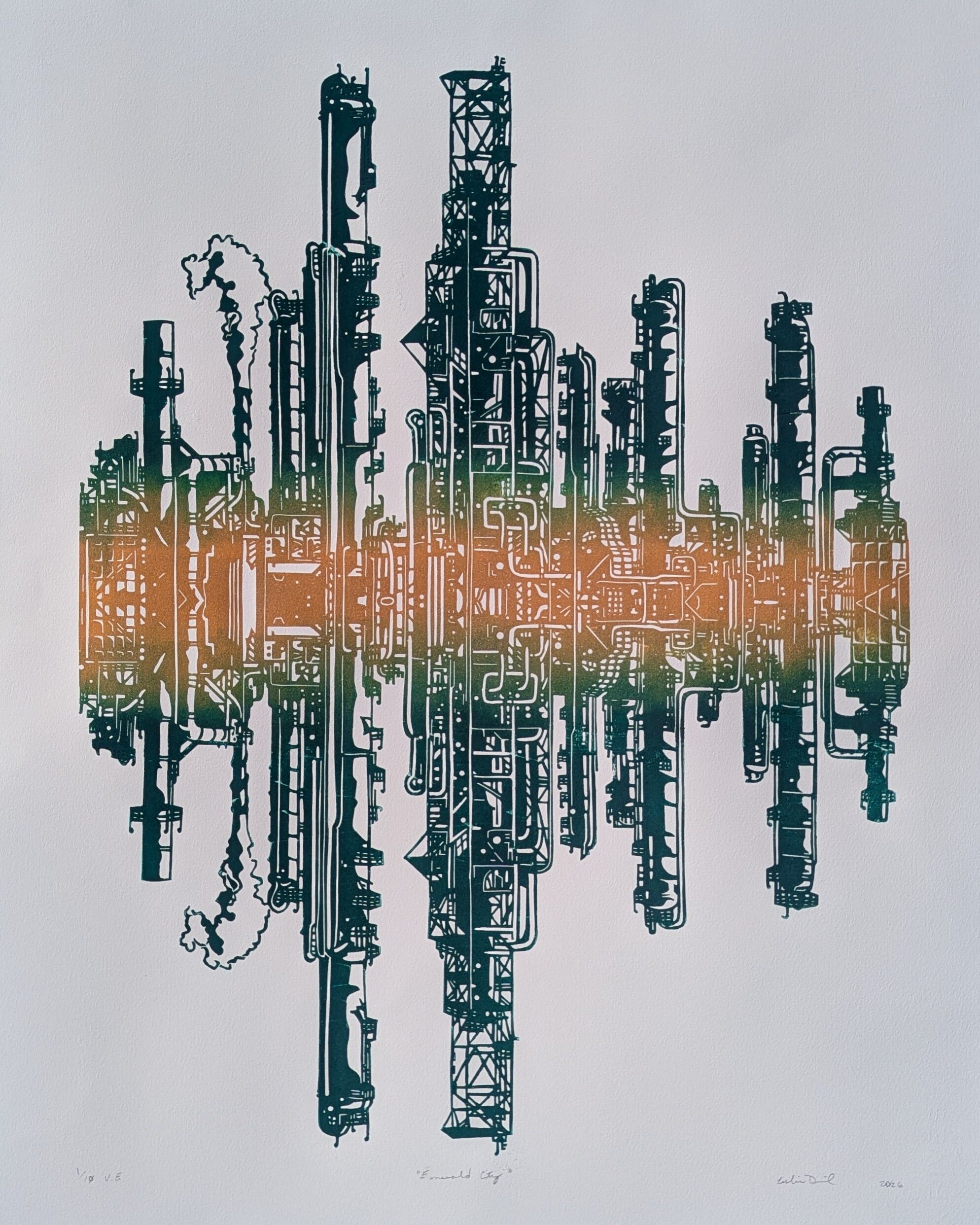 "Emerald City" Limited Edition Linocut by Artist Leslie Deil. This linocut shows an oil facility mirrored on itself vertically. Its ink grades from drak green at the top and bottom to yellow at the center. The background is white paper.